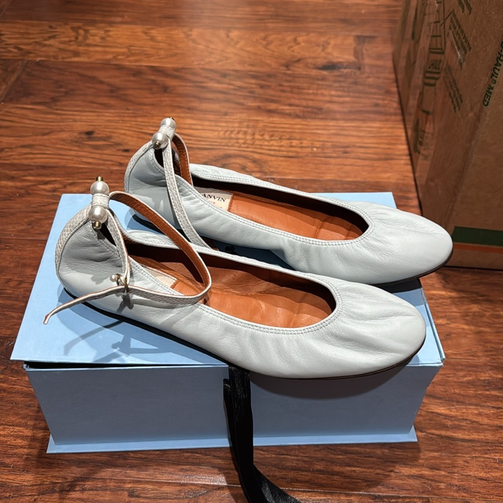 Lanvin Paris ballet flats light blue ankle strap with pearls